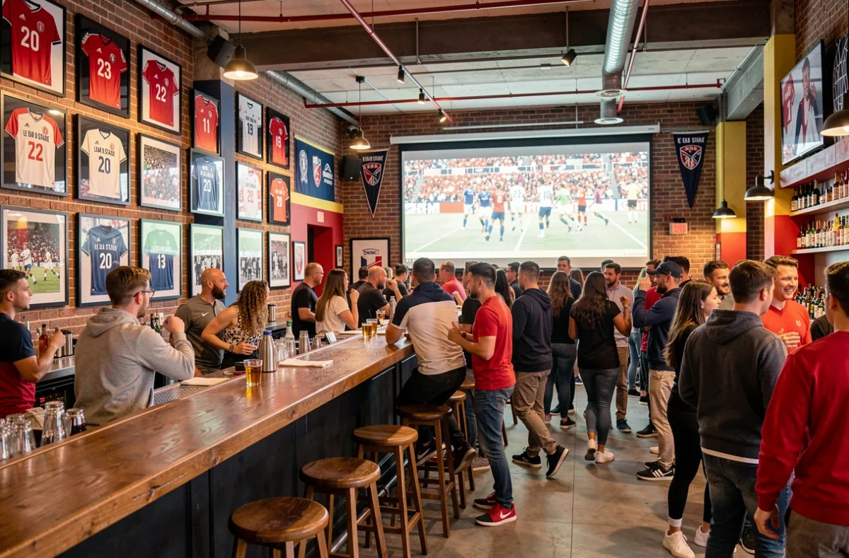 Intérieur du Bar du Stade avec maillots encadrés, écran géant projeté et clientèle en tenue décontractée