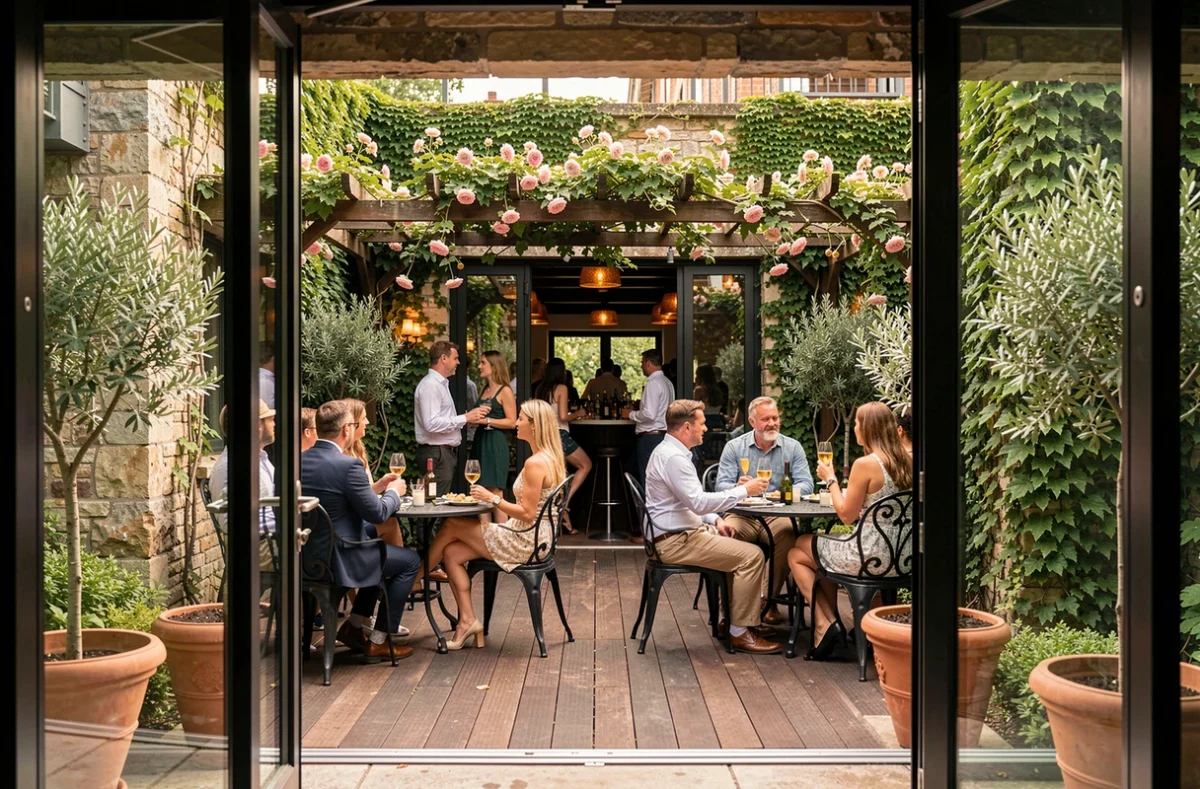 Terrasse élégante du Clos Saint-Denis avec murs en pierre couverts de lierre et clientèle en tenue estivale