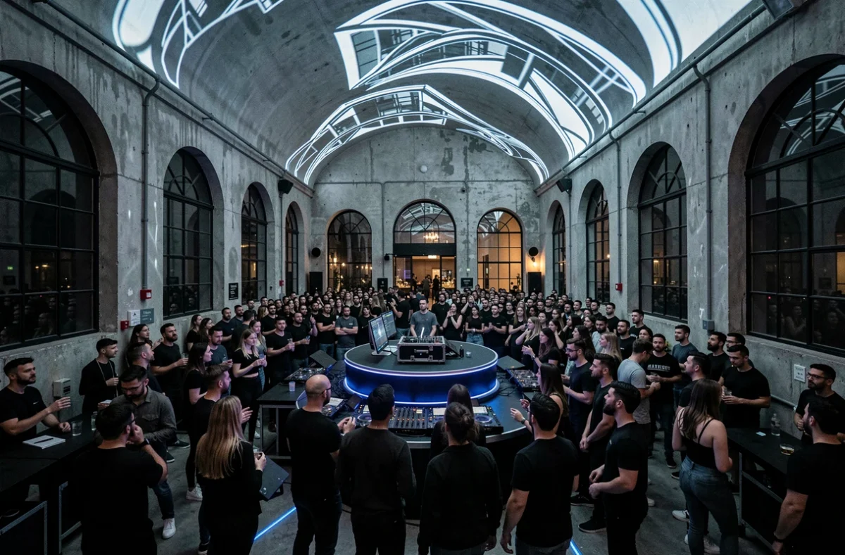 Entrepôt converti du Klub Saint-Ouen avec DJ booth circulaire, foule en mode minimal et projections architecturales