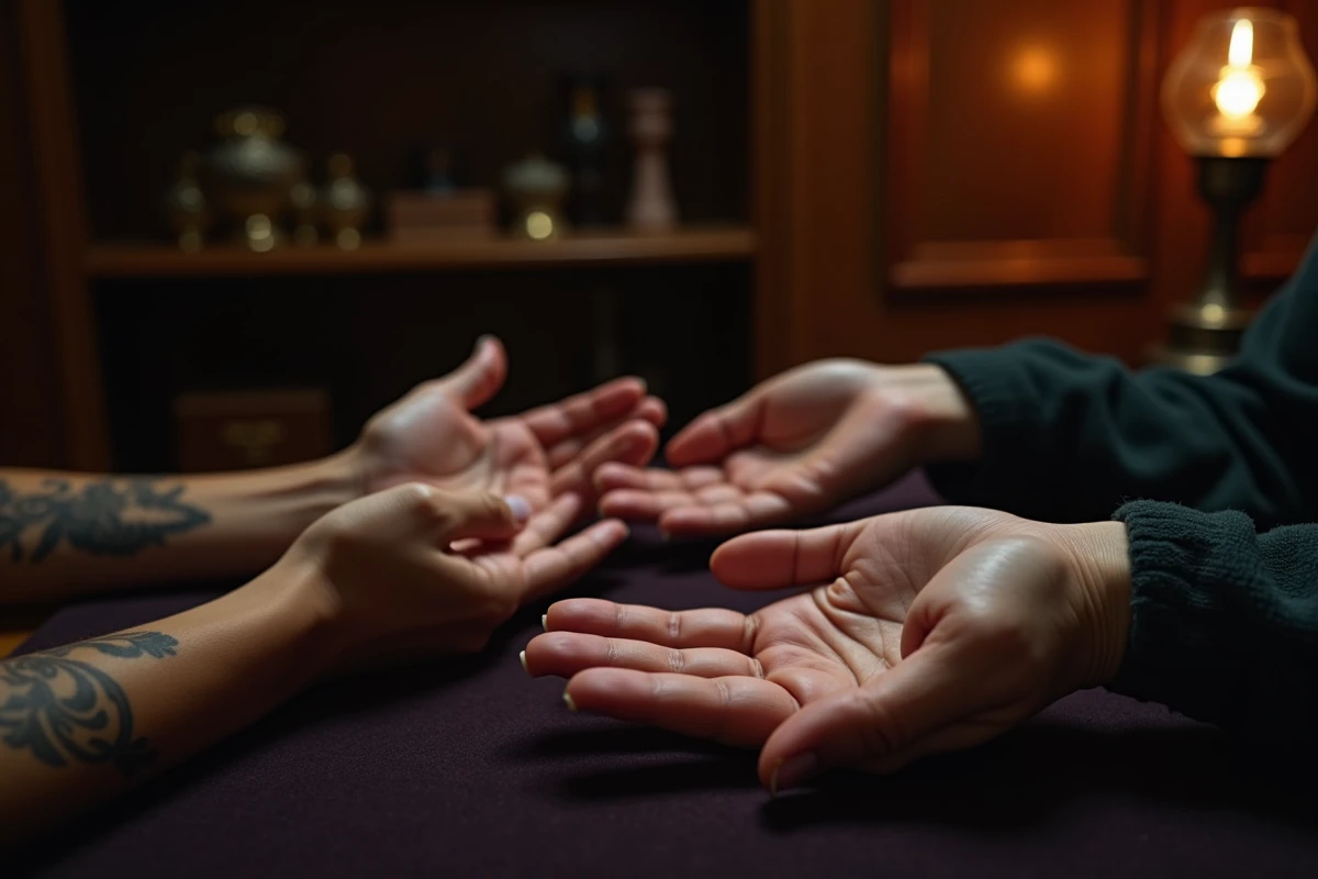 Lectrice de lignes de la main expérimentée examinant la paume d'un client sur un tissu de velours sombre lors d'une consultation sérieuse