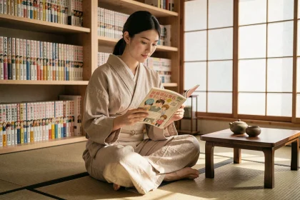 Jeune femme lisant un volume de manga japonais dans un intérieur minimaliste inspiré de l'esthétique japonaise traditionnelle
