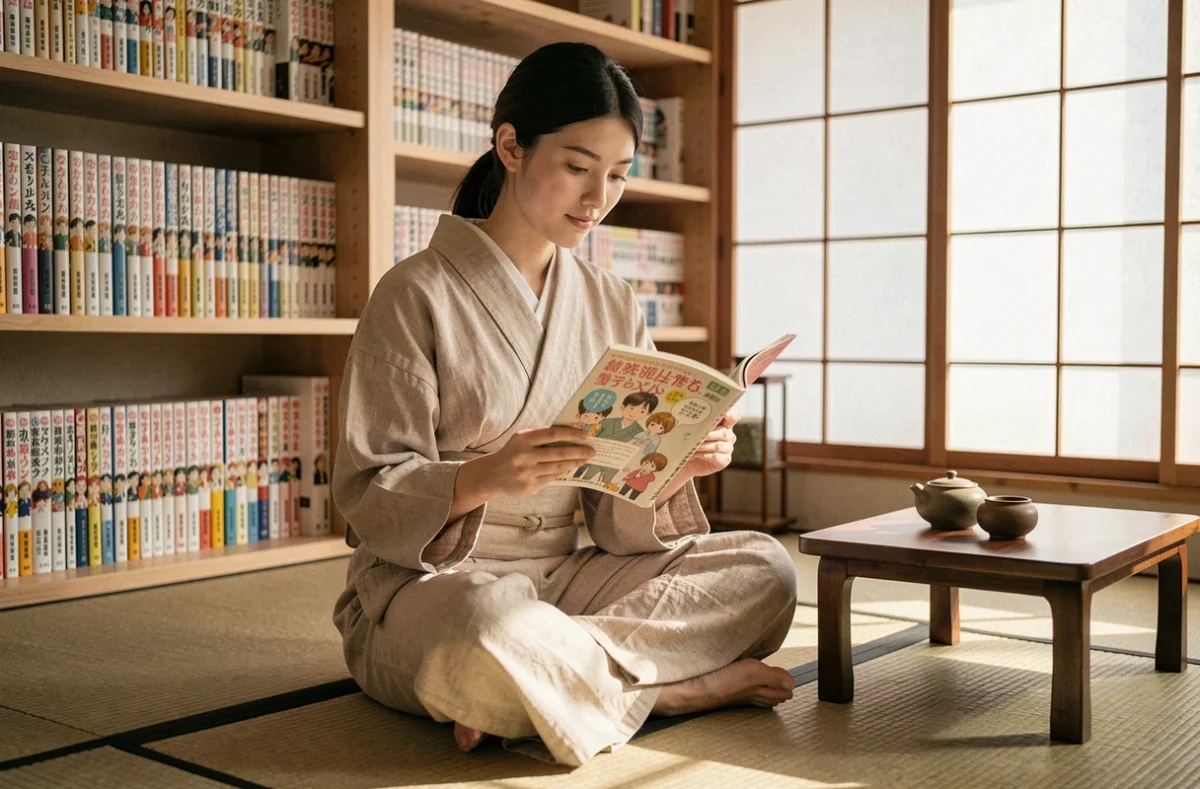 Jeune femme lisant un volume de manga japonais dans un intérieur minimaliste inspiré de l'esthétique japonaise traditionnelle