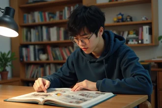Jeune homme lisant un manga One Piece assis à un bureau en bois entouré de volumes de mangas