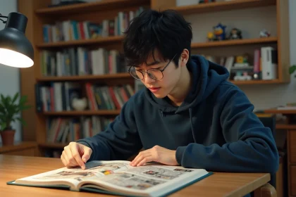 Jeune homme lisant un manga One Piece assis à un bureau en bois entouré de volumes de mangas