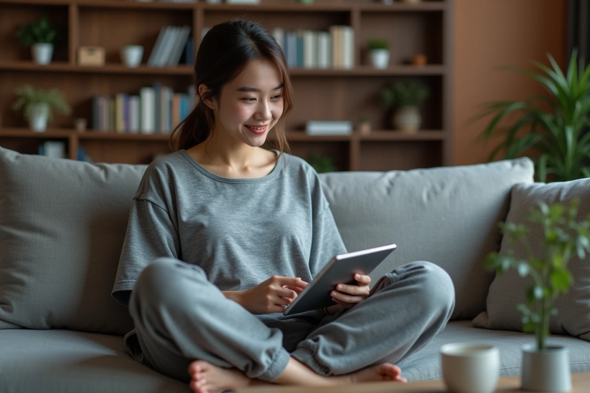 Jeune femme lisant le scan VF de One Piece sur une tablette dans un salon moderne