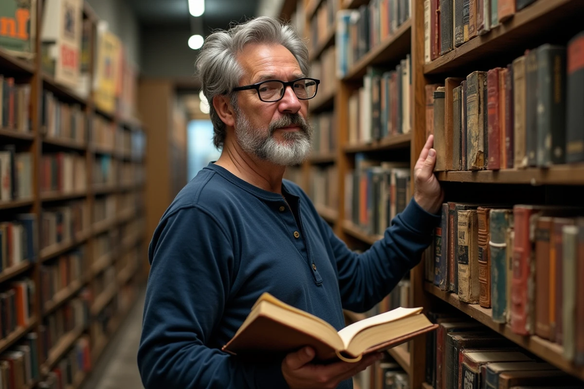 Homme dans une librairie ancienne consultant un exemplaire du Hobbit pour déterminer l'ordre chronologique idéal de la saga Tolkien