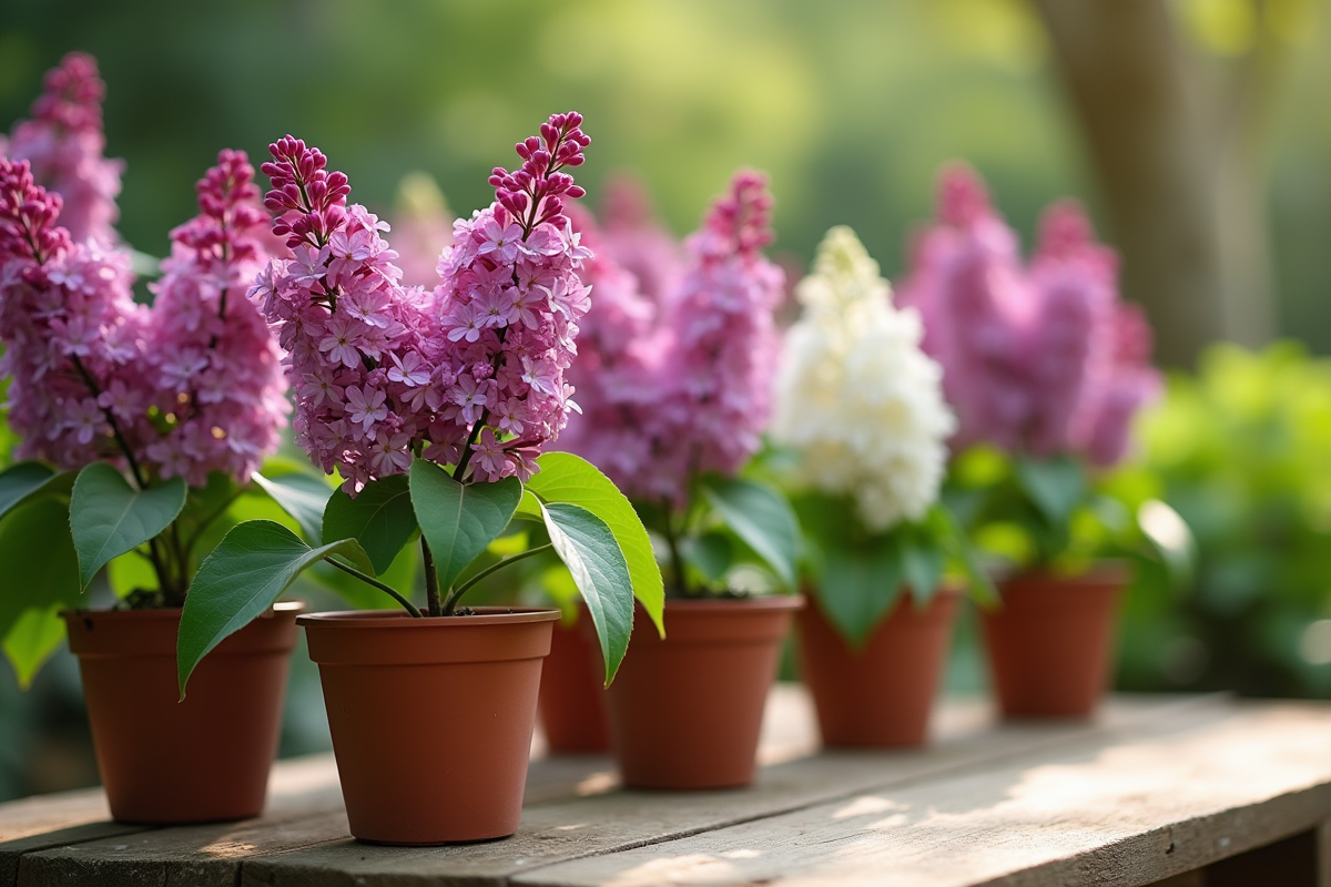 Plusieurs lilas plantés en pots sur une table en bois au matin