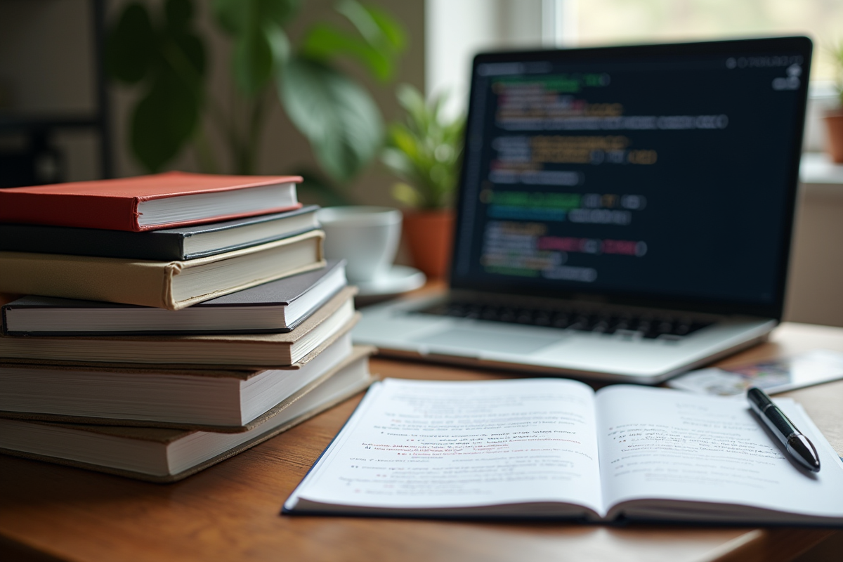 Livres de programmation C et notes manuscrites sur un bureau en bois