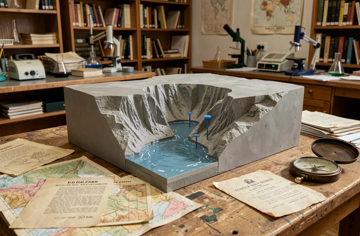 Maquette géologique d'une baie côtière en laboratoire universitaire entourée de cartes topographiques anciennes, illustrant l'étude scientifique des mégatsunamis et tsunamis océaniques