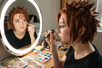 Jeune femme appliquant le maquillage cosplay de Gaara avec un pinceau fin sur son front, entourée de palettes de maquillage et de pages manga de référence