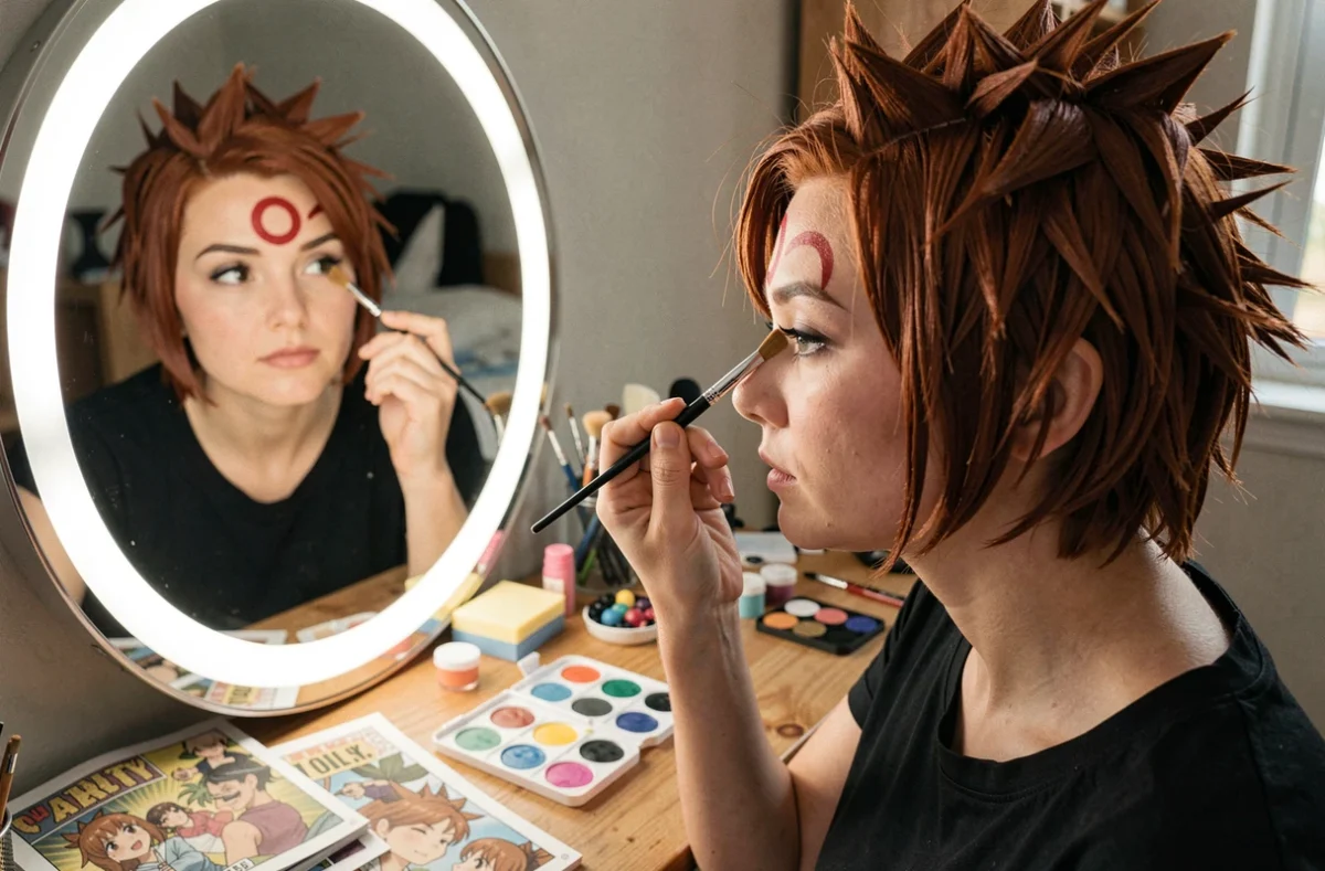 Jeune femme appliquant le maquillage cosplay de Gaara avec un pinceau fin sur son front, entourée de palettes de maquillage et de pages manga de référence