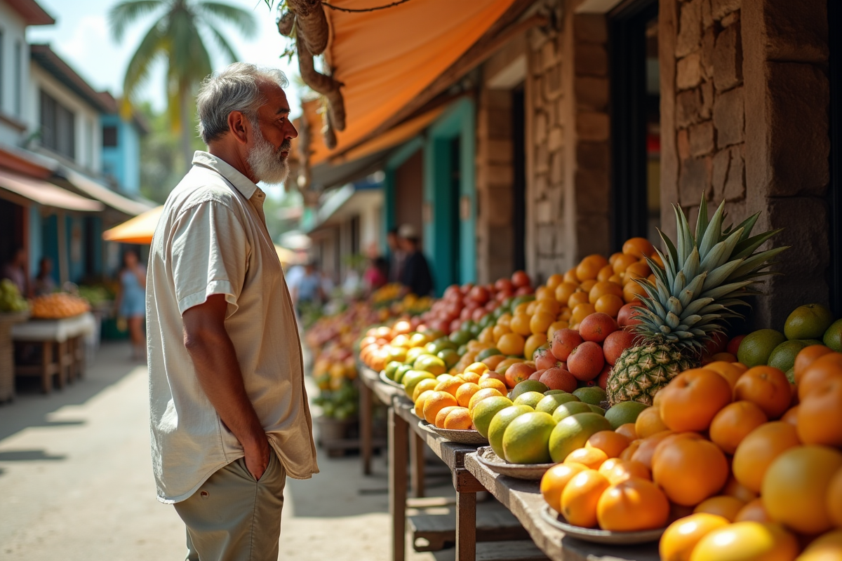 Homme regardant fruits tropicaux sur un marché en Martinique