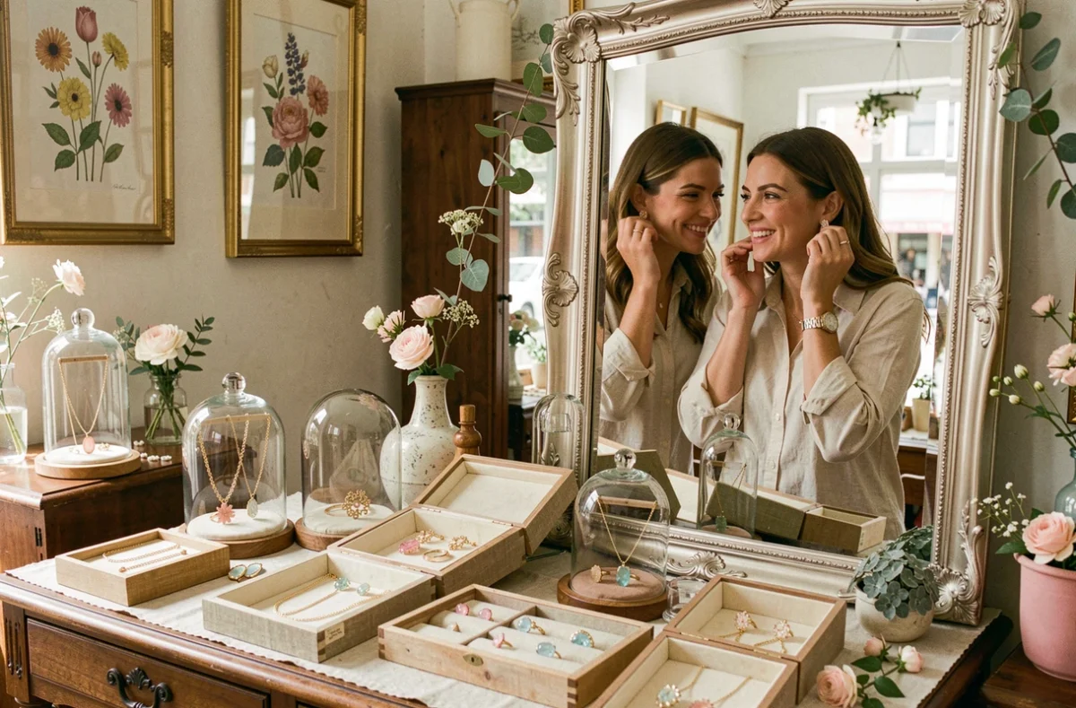 Deux amies essayant des boucles d'oreilles dans la boutique Marie et Hortense en Isère
