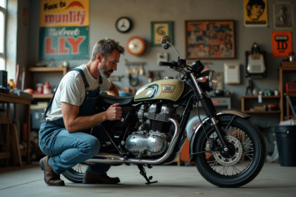 Mécanicien homme inspectant une moto Dax dans un garage vintage