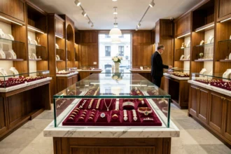 Intérieur élégant d'une bijouterie en Isère avec des vitrines remplies de bijoux en or et diamants