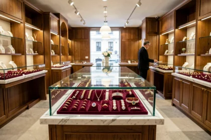 Intérieur élégant d'une bijouterie en Isère avec des vitrines remplies de bijoux en or et diamants