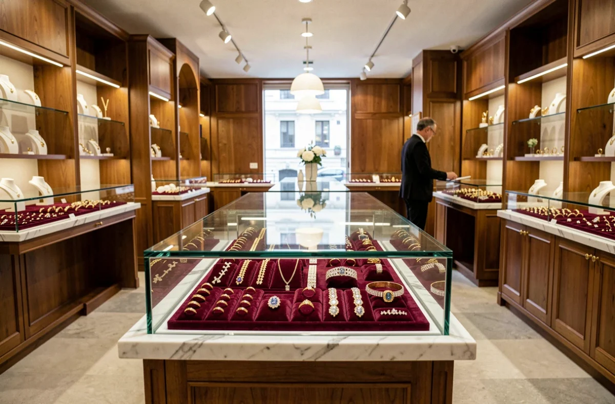 Intérieur élégant d'une bijouterie en Isère avec des vitrines remplies de bijoux en or et diamants