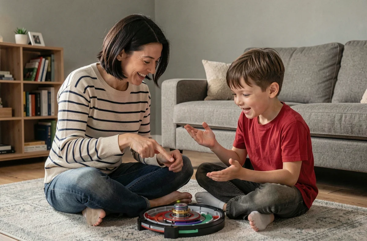 Mère et fils découvrant ensemble les pièces d'un set Beyblade dans un salon familial chaleureux