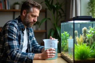 Homme mesurant l'eau pour aquarium intérieur