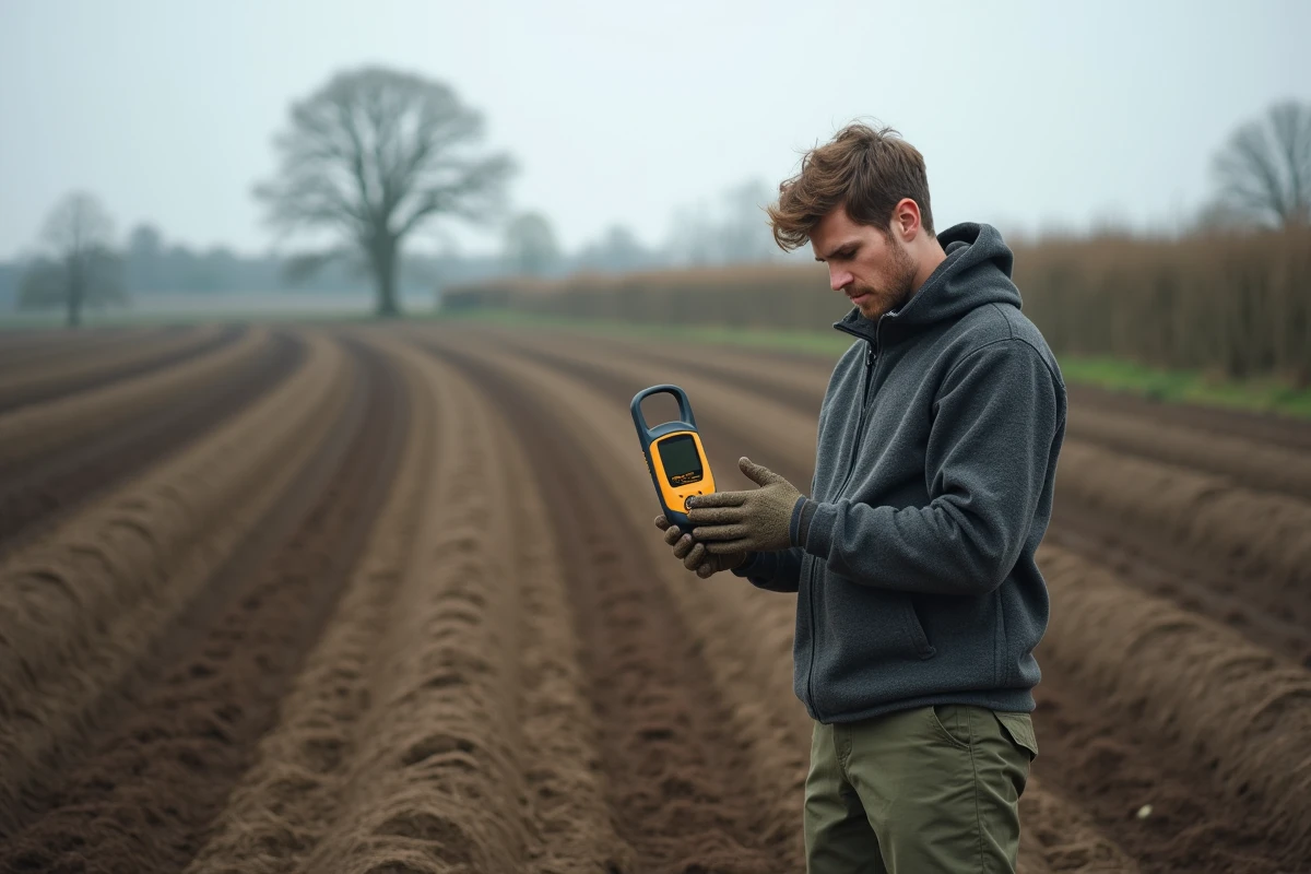 Jeune agriculteur mesurant la superficie d'une parcelle agricole avec un GPS pour valider 10 hectares avant un bail rural