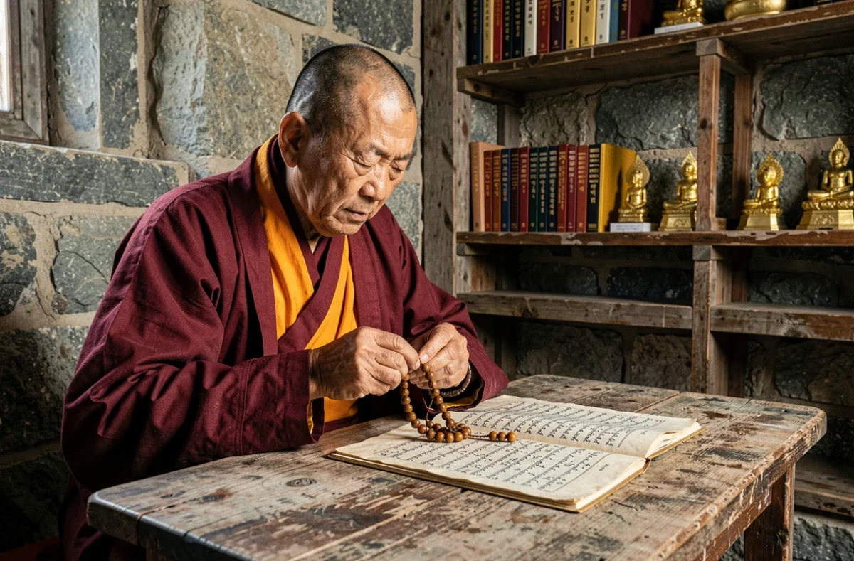 Moine bouddhiste tibétain en robe bordeaux récitant Om Mani Padme Hum avec un mala dans un monastère en pierre