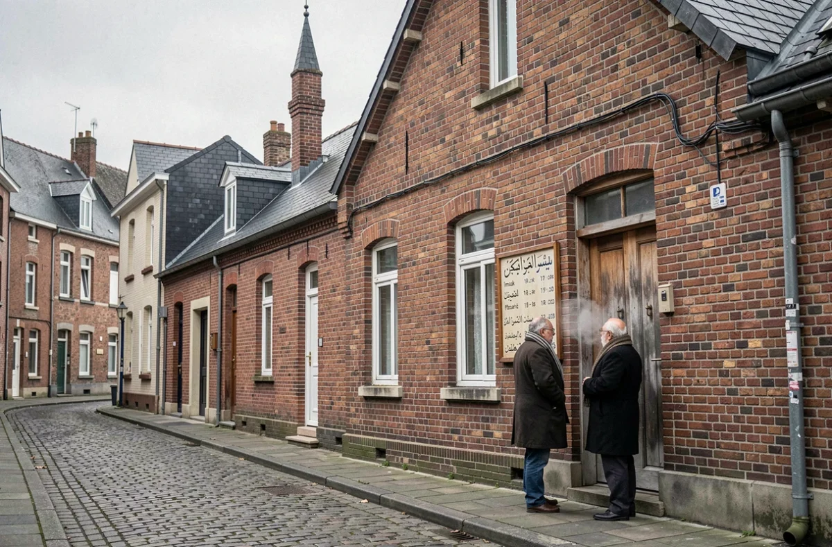 Façade d'une mosquée en briques rouges à Roubaix avec tableau des horaires de prière du Ramadan
