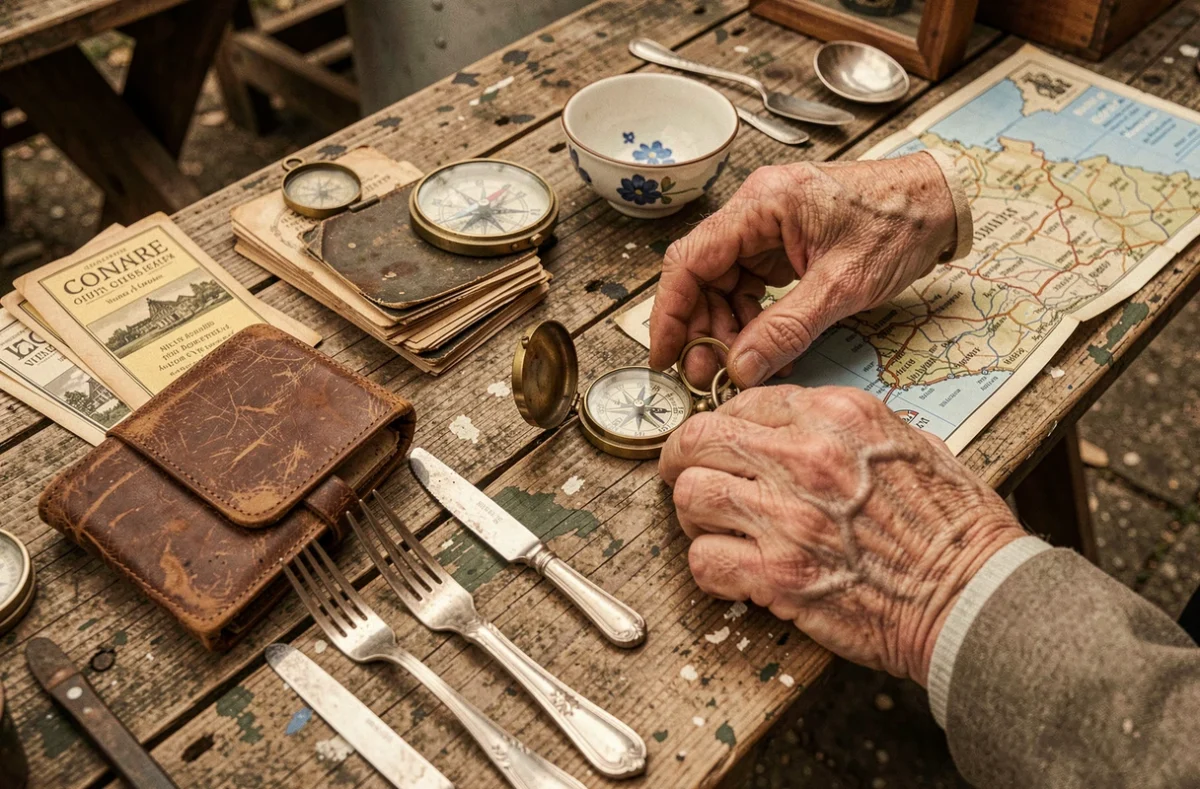 Gros plan sur des objets de brocante vintage posés sur une table en bois lors d'un vide grenier dans l'Orne