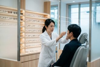 Opticienne japonaise ajustant des lunettes sur un patient dans une clinique optique moderne de Tokyo