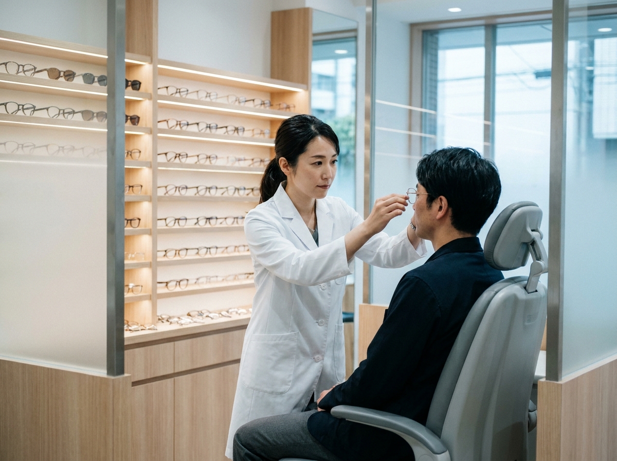 Opticienne japonaise ajustant des lunettes sur un patient dans une clinique optique moderne de Tokyo