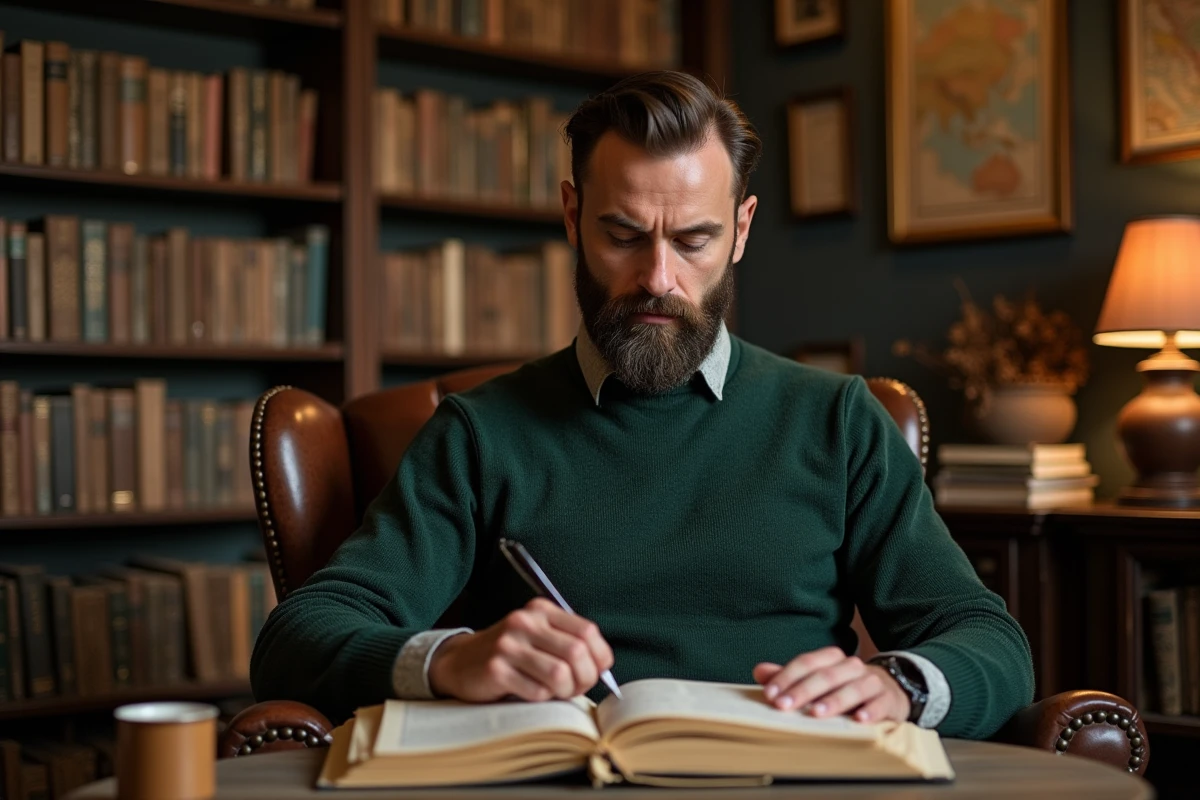 Homme arrangeant des livres du Hobbit et du Seigneur des Anneaux dans une bibliothèque chaleureuse pour établir un ordre de lecture chronologique