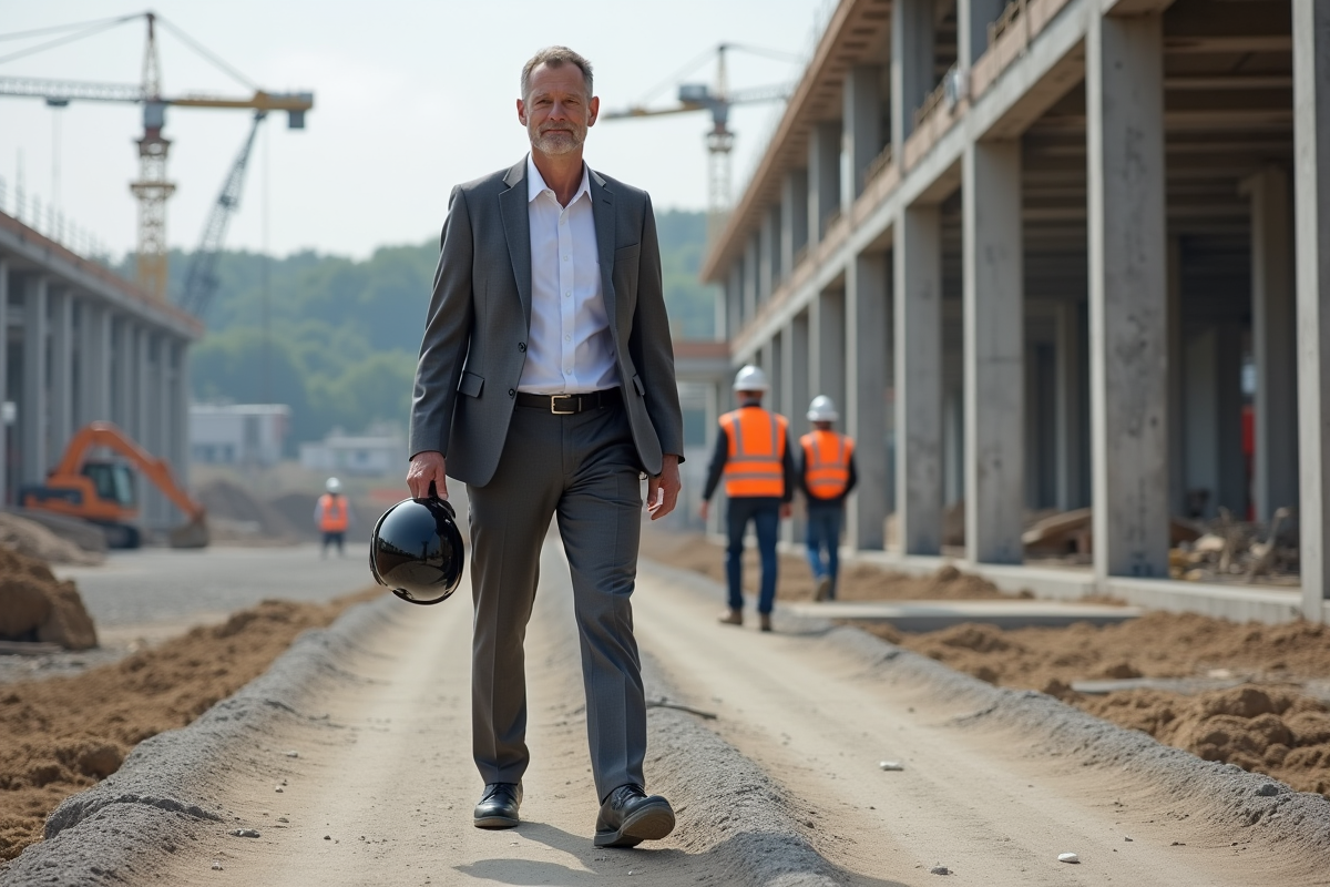 Ouvrier sur site de construction avec casque et plans