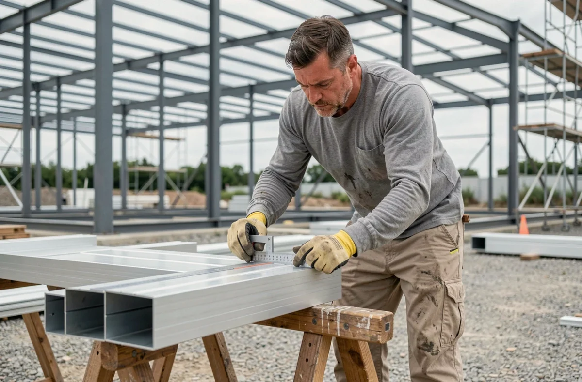 Ouvrier du bâtiment mesurant des tubes rectangulaires en aluminium sur un chantier de construction d'ossature métallique