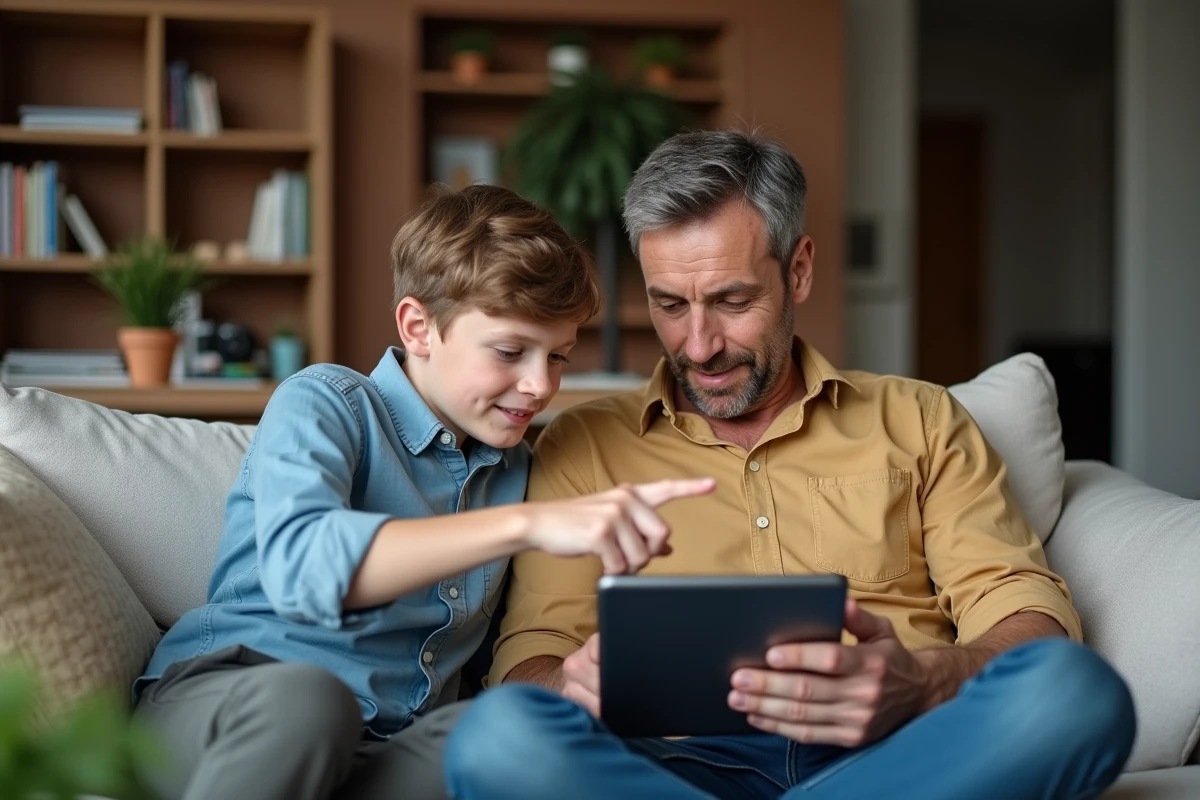 Parent discutant avec son fils adolescent de la navigation sur des sites de manga yaoi et de la sécurité en ligne