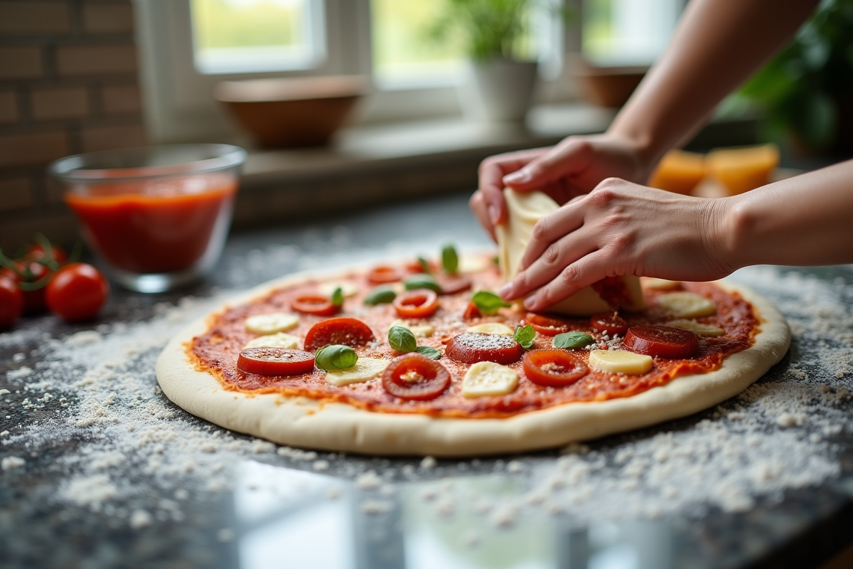 Pâte à pizza étirée à la main avec chorizo et sauce tomate