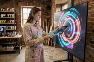 Artiste peintre utilisant une tablette numérique et un pinceau traditionnel devant une toile futuriste générée par intelligence artificielle dans un atelier industriel