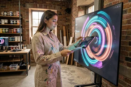 Artiste peintre utilisant une tablette numérique et un pinceau traditionnel devant une toile futuriste générée par intelligence artificielle dans un atelier industriel