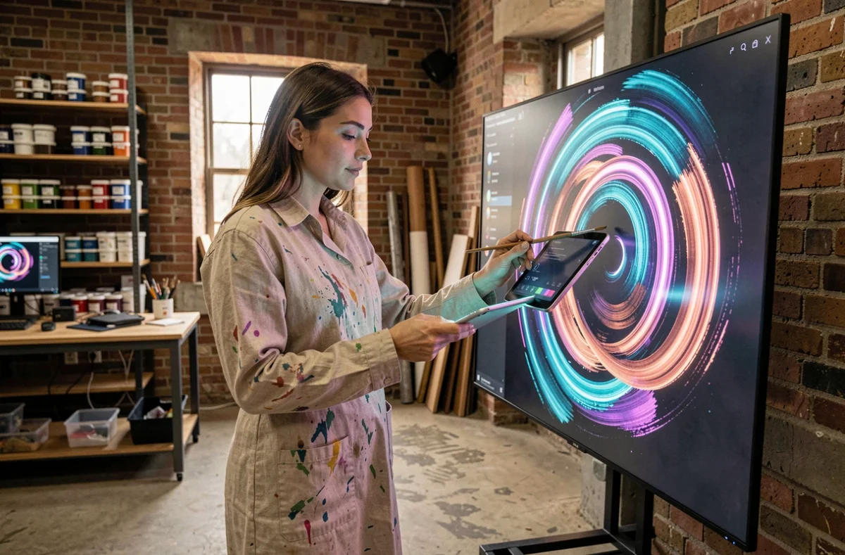 Artiste peintre utilisant une tablette numérique et un pinceau traditionnel devant une toile futuriste générée par intelligence artificielle dans un atelier industriel