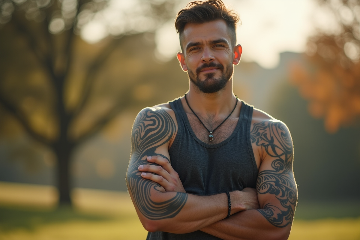 Adulte confiant avec tatouage tribal visible sur le bras en extérieur