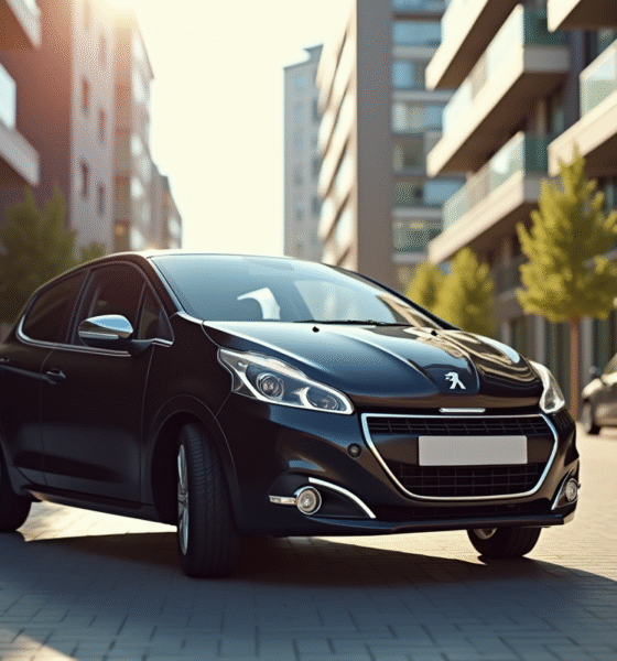 Voiture Peugeot 208 en ville en plein jour