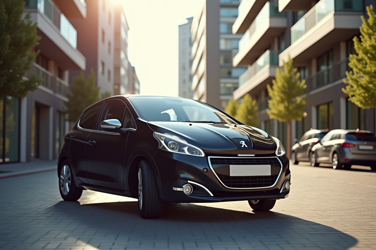 Voiture Peugeot 208 en ville en plein jour