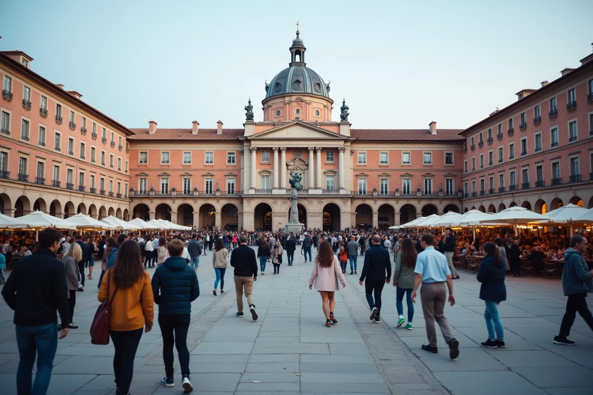 Place du Capitole animée à Toulouse avec les terrasses de cafés et la façade emblématique du Capitole en arrière-plan