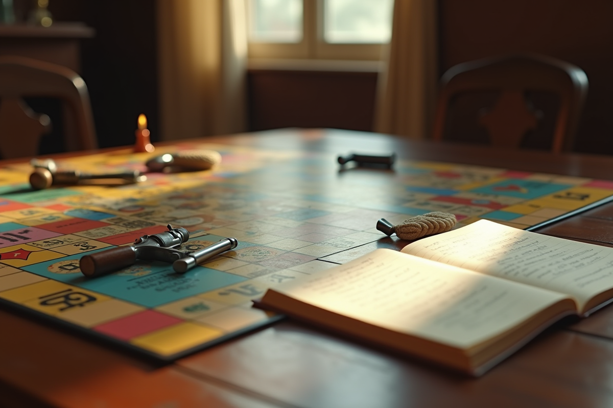 Plateau de Cluedo avec armes et notes de strategie