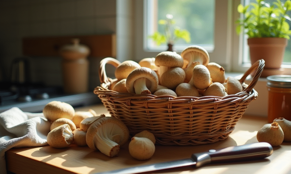Panier de girolles fraîches sur une table en bois rustique