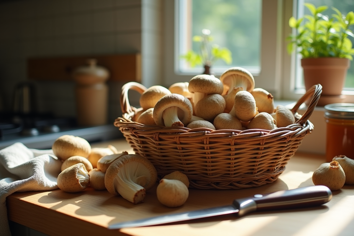 Panier de girolles fraîches sur une table en bois rustique