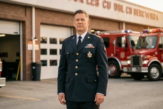 Pompier en uniforme de cérémonie avec insignes de grade visibles devant une caserne de pompiers