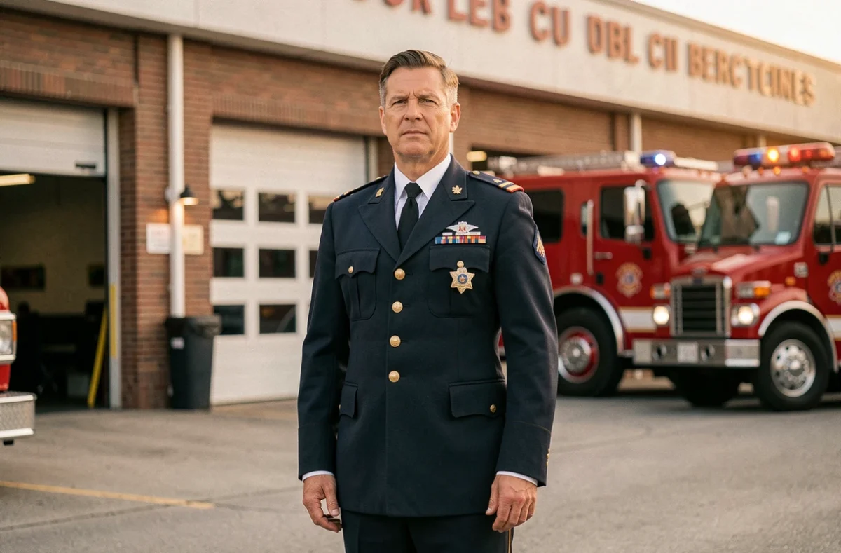Pompier en uniforme de cérémonie avec insignes de grade visibles devant une caserne de pompiers