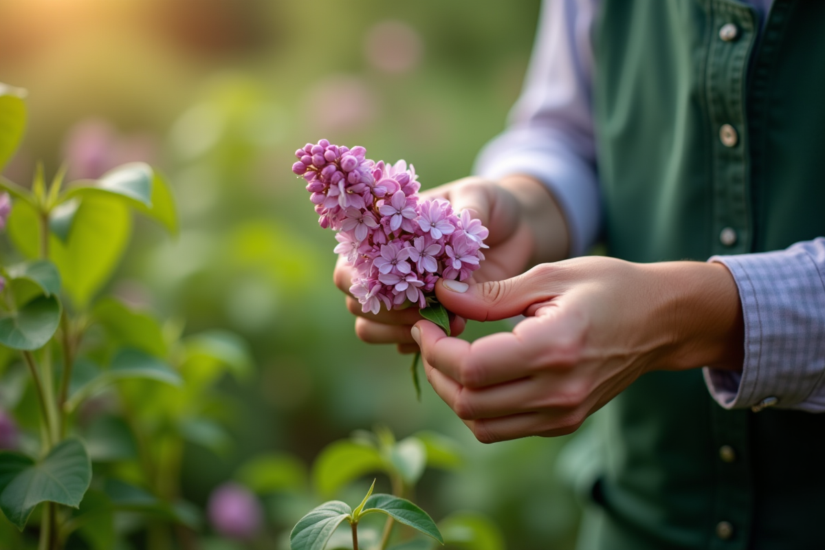 Mains de jardinier préparant un lilas pour propagation en gros plan