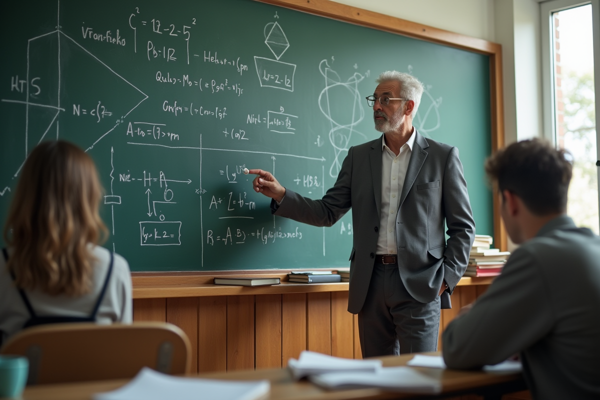 Professeur en classe expliquant des équations quantiques aux étudiants