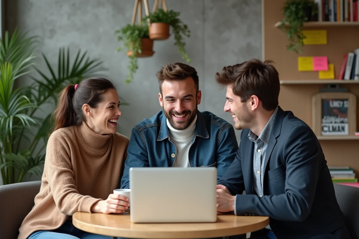 Groupe de collègues bienveillants partageant un moment positif au travail dans un espace de coworking moderne, illustrant la psychologie positive en milieu professionnel