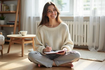 Femme pratiquant la psychologie positive en écrivant dans un journal de gratitude dans un salon scandinave cosy